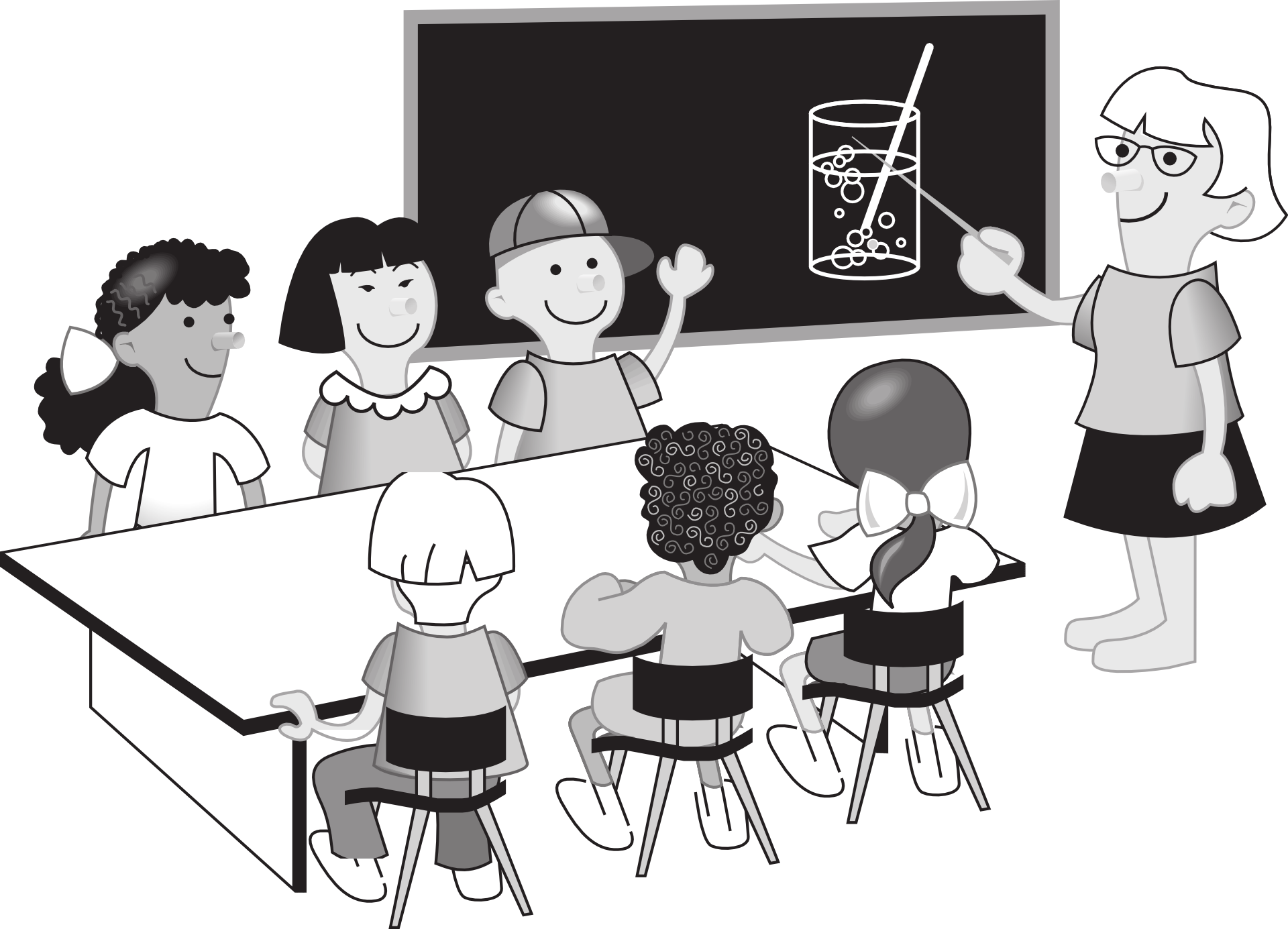 Zeichnung einer Schulklasse mit einer Lehrerin, die sechs Schülern etwas an derTafel erklärt