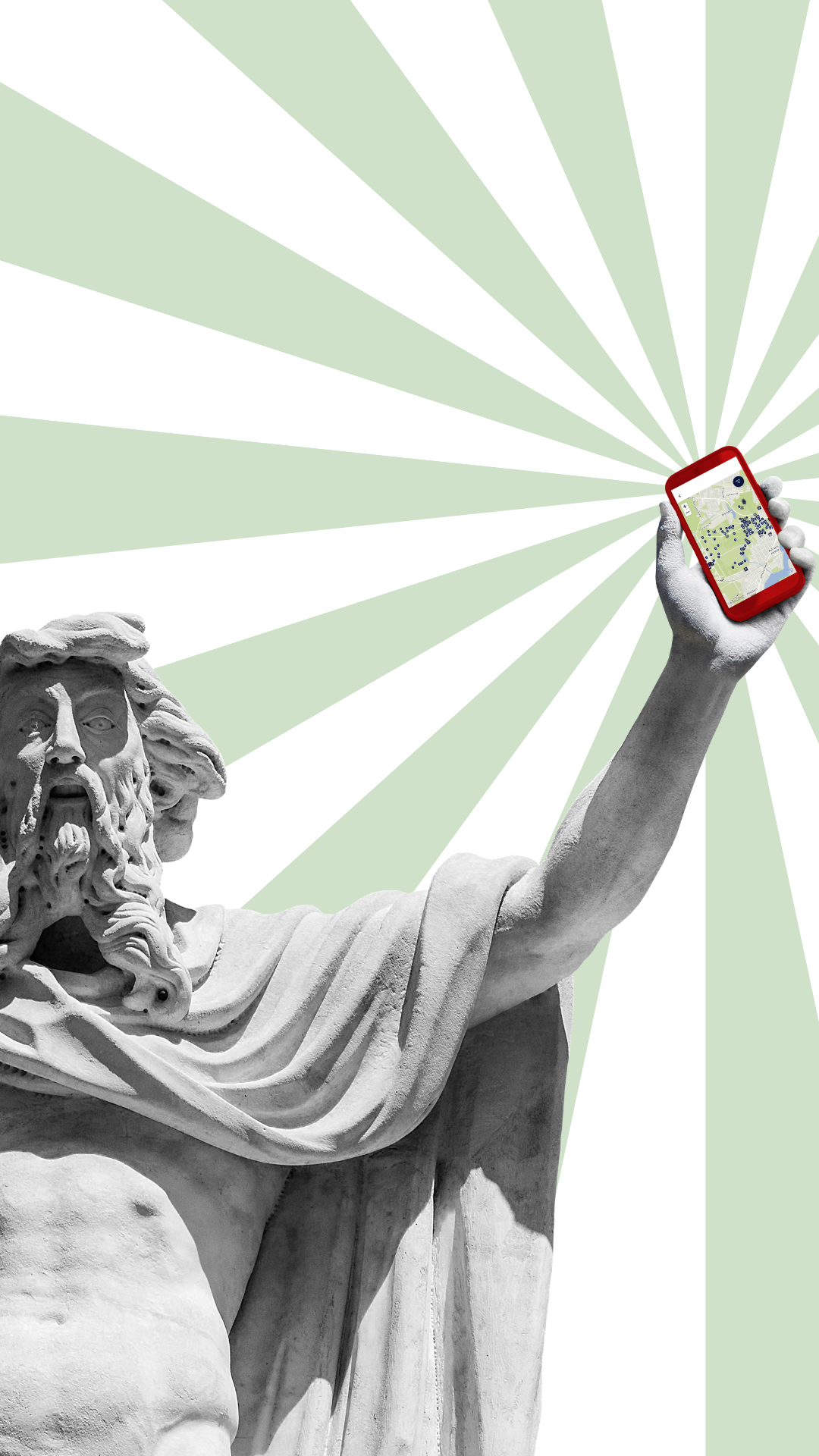 Skulptur hält Smartphone mit der linken Hand in die Höhe