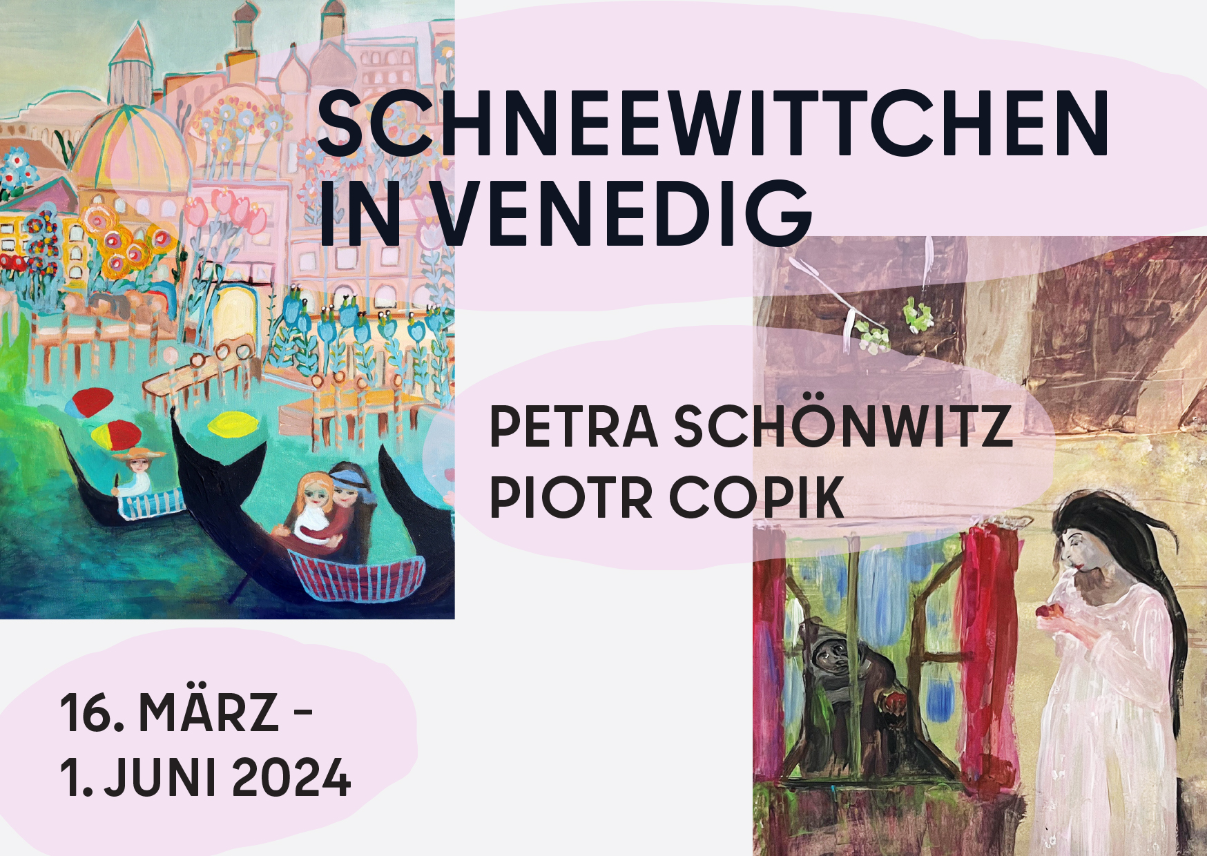 Bild zeigt  zwei Zeichungen, die Name der Künstler sowie den  Termin 16. März bis 1. Juli 2024