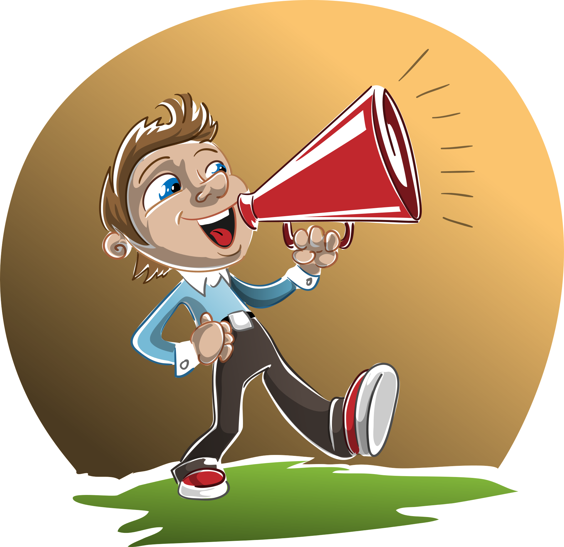 Bild eines Manner, der mit rotem Sprachrohr vor dem Mund laut ruft