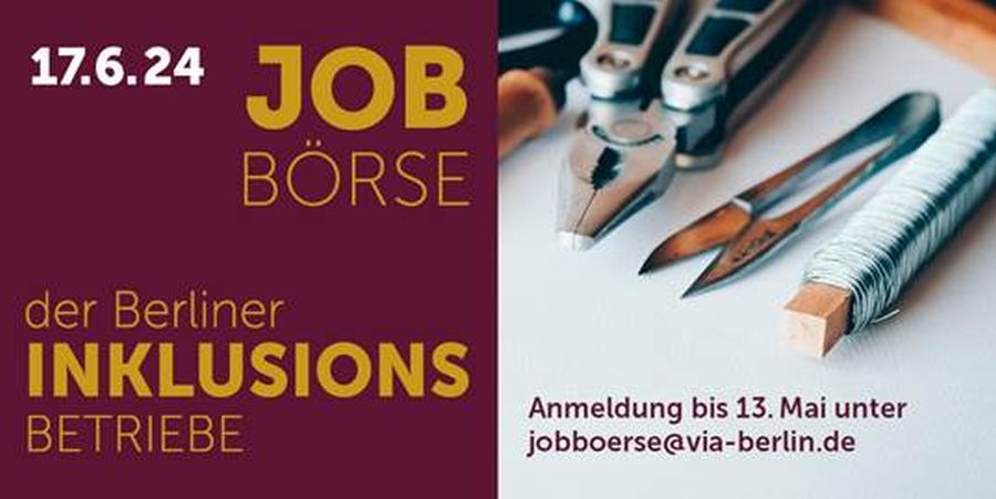 Zweigeteiltes Plakat. Links eine Ankündigungder  Jobbörse, rehts kleine Werkzuege und Anmeldeadresse