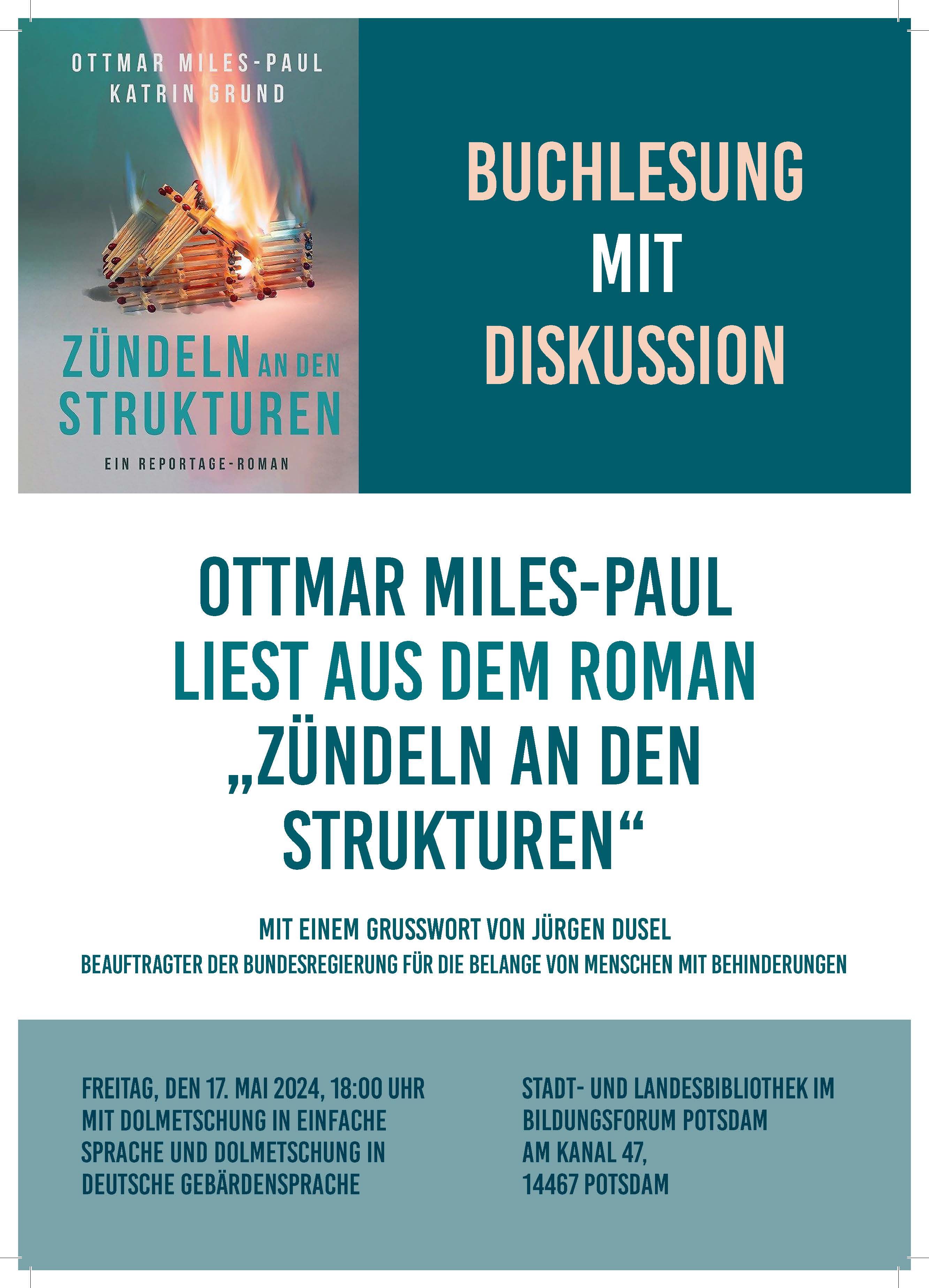 Plakat zur Lesung am 17.5.24 in Potsdam aus dem Roman Zündeln an den Strukturen
