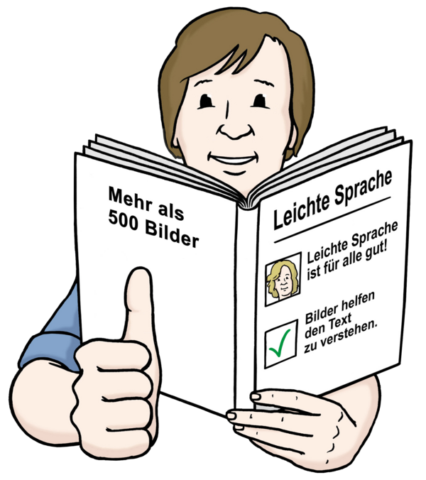 Mann, der ein Buch zur Leichten Sprache in der Hand hält undden Daumen nach oben zeigt