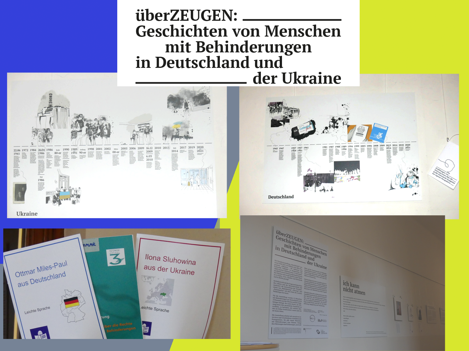 Tafel mit Übersichten eines Zeitstrahls und den Deckblättern von  Broschüren