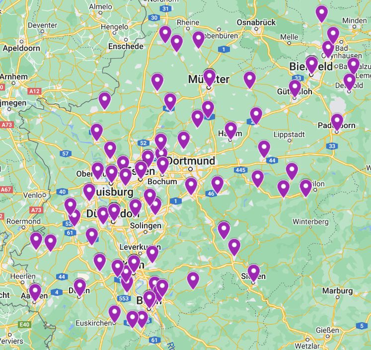 Karte, welche mit Punkten die Standorte der Netzwerkpartner zeigt