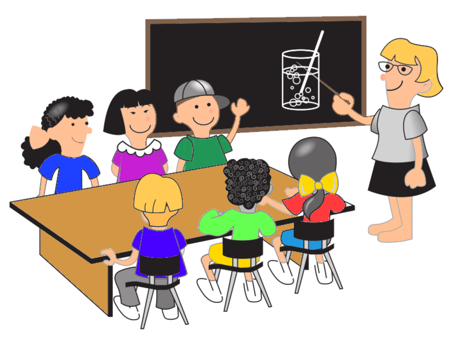 Zeichnung von  sechs Kinder und einer Lehrerin, die gemeinsam eine Zeichnung  auf einer Wandtafel  betrachten