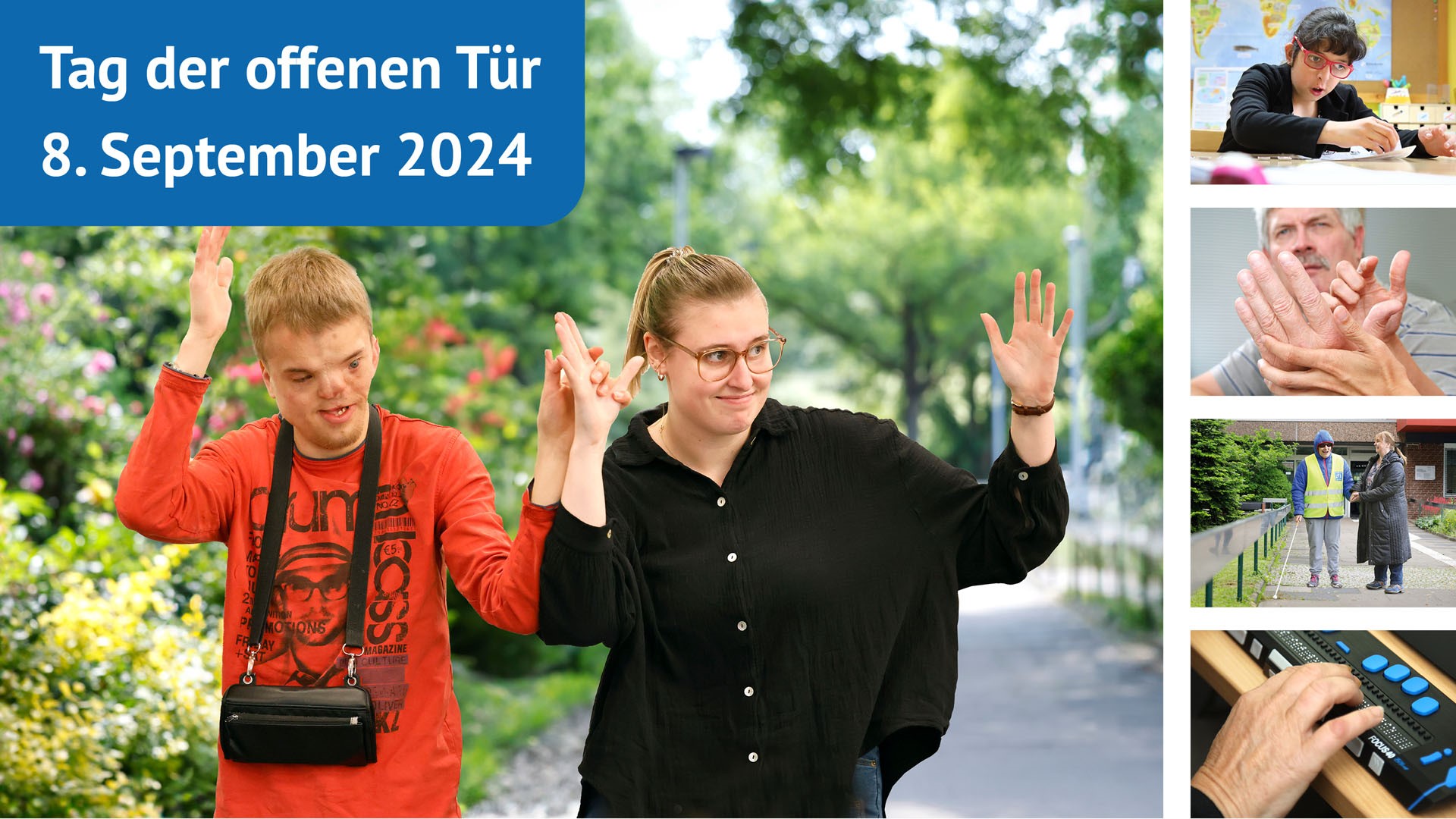 Plakat mit den Daten des Tags der offenen Tür sowie einem jungen Mann und einer Frau, die sich mit Gebärden unterhalten.