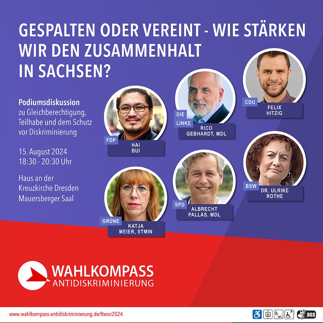 Plakat für Podiumsdiskussion zum Wahlkompass Antidiskriminierung Sachsen