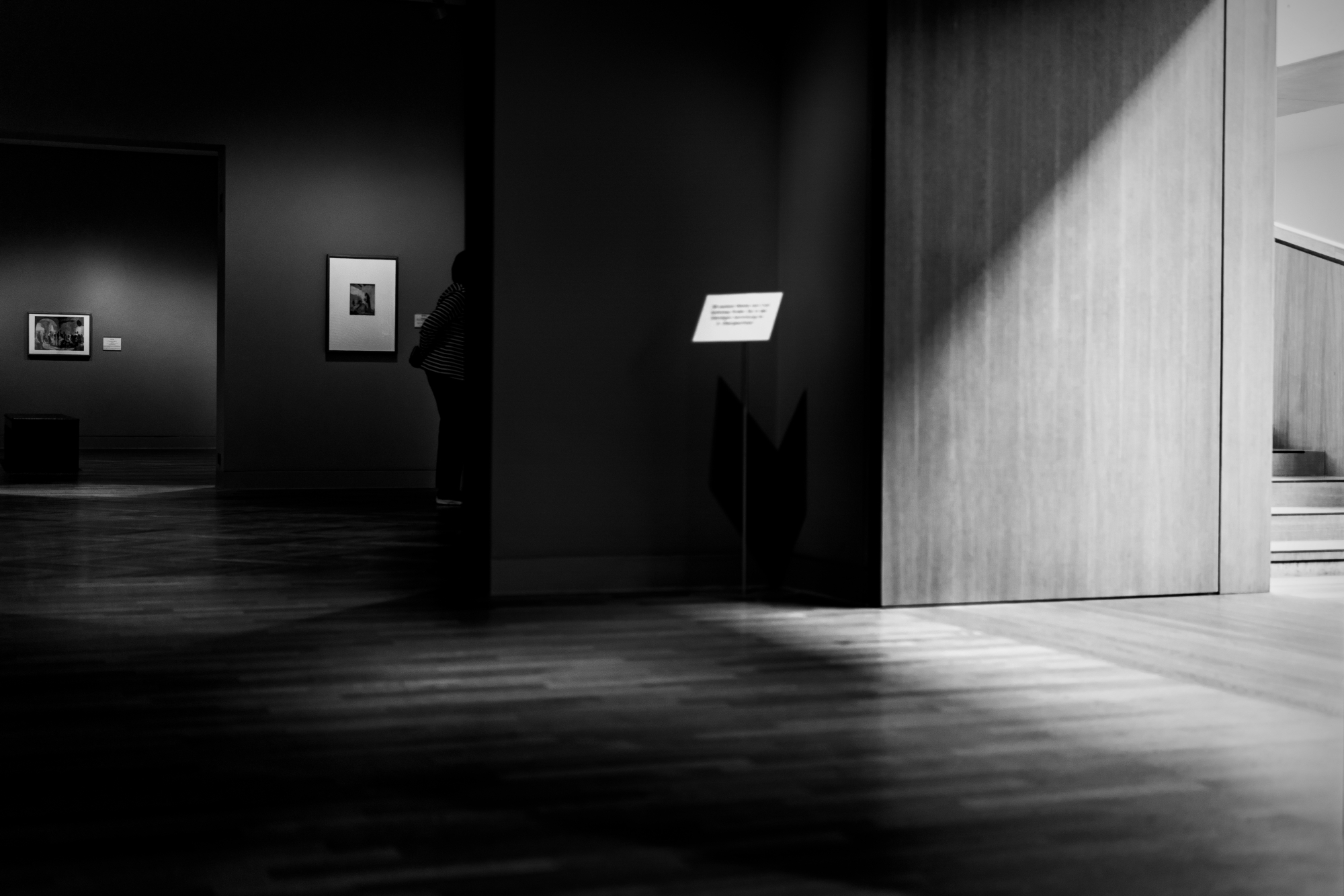 Schwarz-weiß-Foto eines Ausstellungsraums mit starken Hell-Dunkel-Kontrasten. Eine Person steht halb verdeckt im Schatten vor einem Bild an der Wand. Ein heller Lichtkegel fällt auf ein leeres Holzpaneel und ein Schild, das kaum lesbar ist.