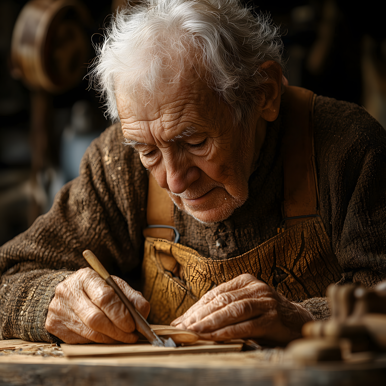 Portrait eines alten Mannes, der ein Handwerk ausübt und auf dem Tisch seinen Arbeitsgegenstände liegen hat, die er bearbeitet
