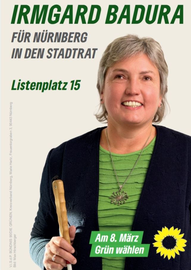 Irmgard Badura auf Flyer der Nürnberger Grünen zur Kommunalwahl 2026