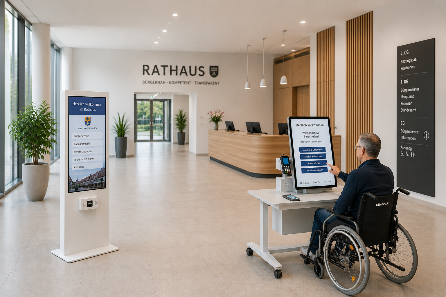 Vorraum zum Eingang eines Rathauses mit barrierefrei bedienbaren digitalen Informationsbildschirmen