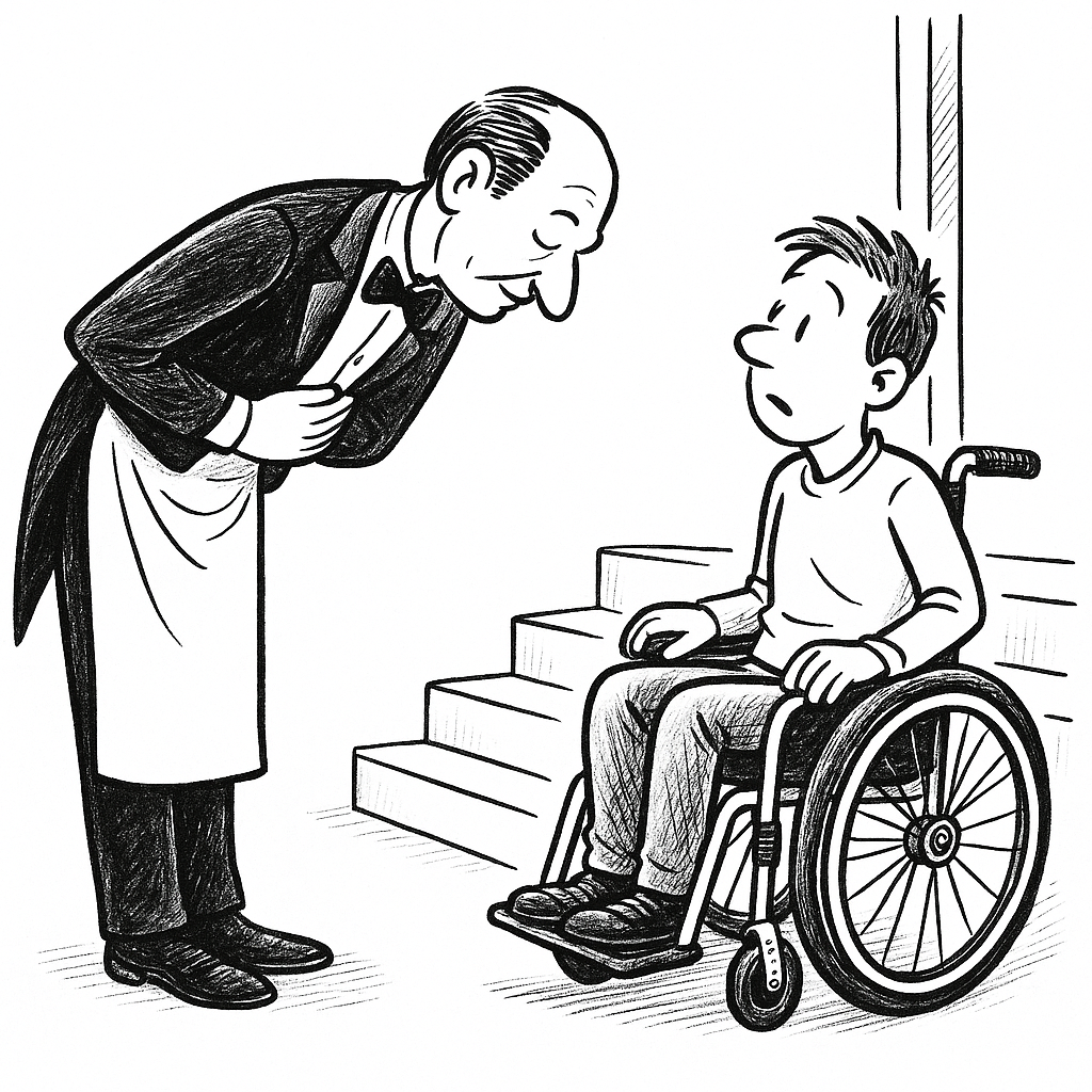 Eine schwarz-weiße Strichzeichnung: Ein Rollstuhlfahrer steht vor einer Treppe und blickt hinauf. Vor ihm verbeugt sich ein Ober oder Diener mit Serviertuch, als wolle er höflich helfen, obwohl der Zugang unüberwindbar bleibt.