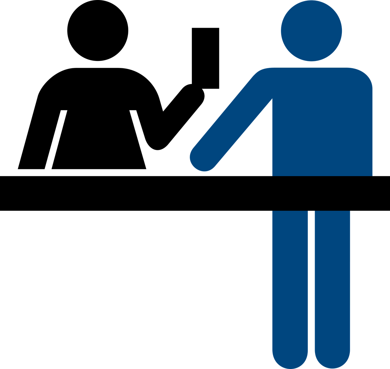 Schwarze Silhouette einer Person hinter einem Verkaufstresen, die eine Karte hochhält und blaue Silhouette einer Person vor dem Tresen