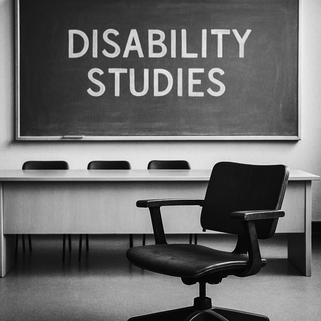 Ein einzelner leerer Stuhl im beleuchteten Zentrum eines leeren Hörsaals. Im Hintergrund eine Tafel mit dem Schriftzug Disability Studies.