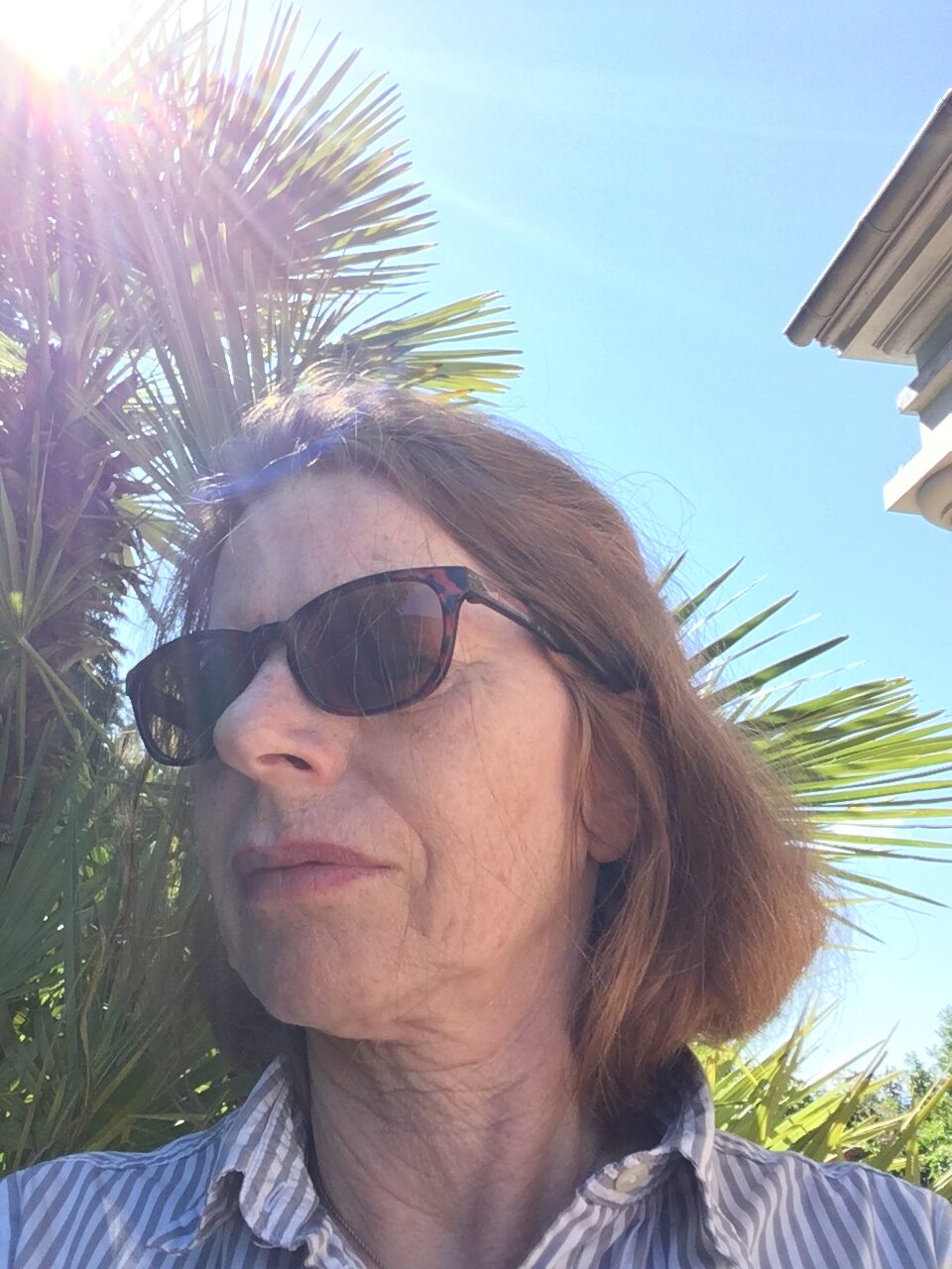 Porträt mit Sonnenbrille unter Palmen und wolkenlosem Himmel