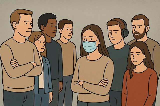 Gruppe von Menschen. Eine Person hat einen Mundschutz