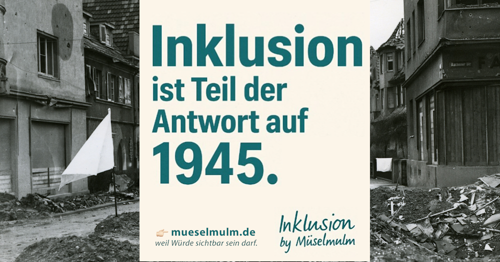 Plakat mit Text wie Titel und Foto einer Trümmerstraße von 1945