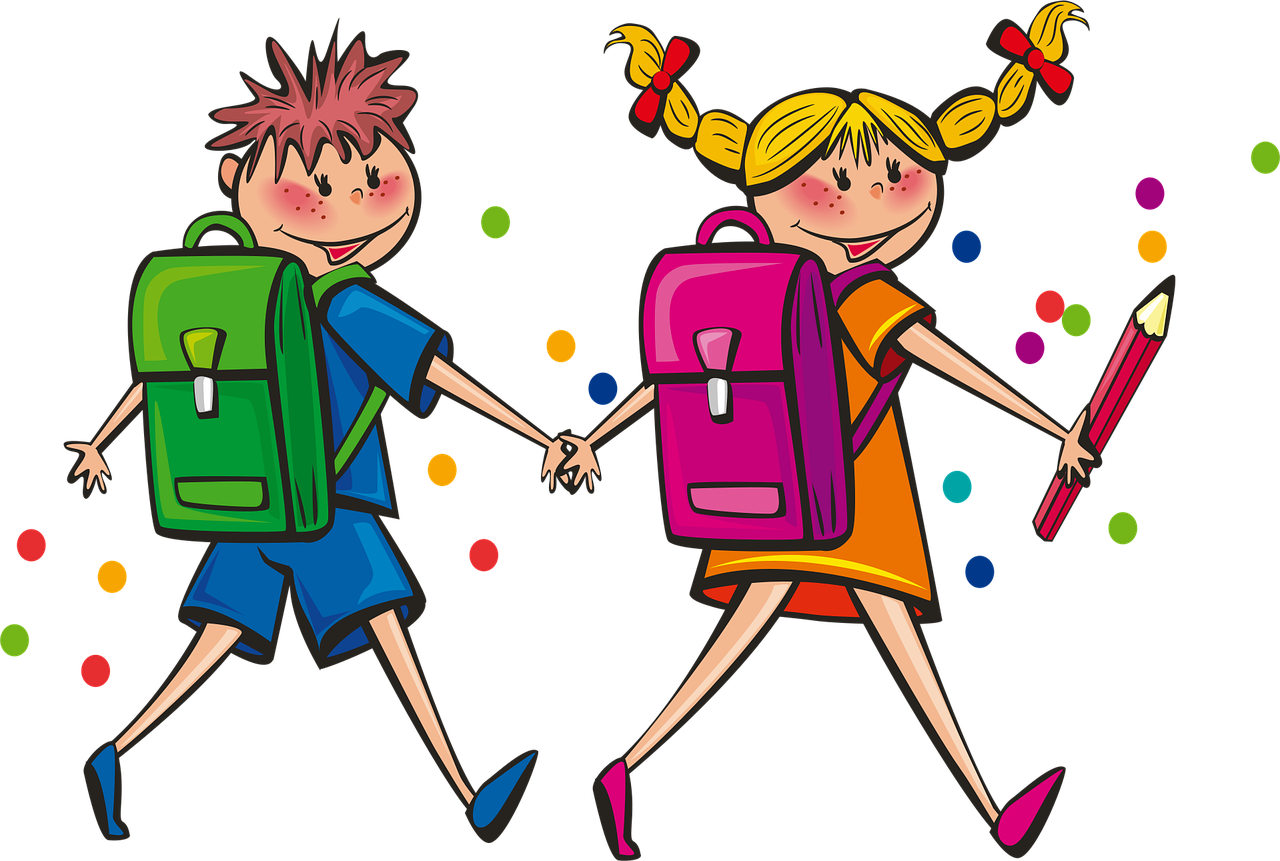 Zeichnung eines Jungen mit grünem Schulranzen und einem Mädchen mit langen Zöpfen und rötlichem Schulranzen