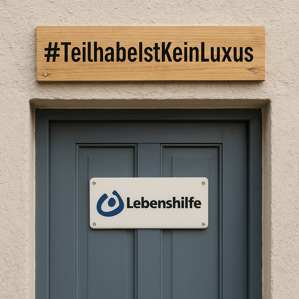 Weiße Eingangstür, rechts Klingelschild „Lebenshilfe“, über der Tür grobes Holzbrett mit Nägeln, darauf die Aufschrift #TeilhabeIstKeinLuxus.