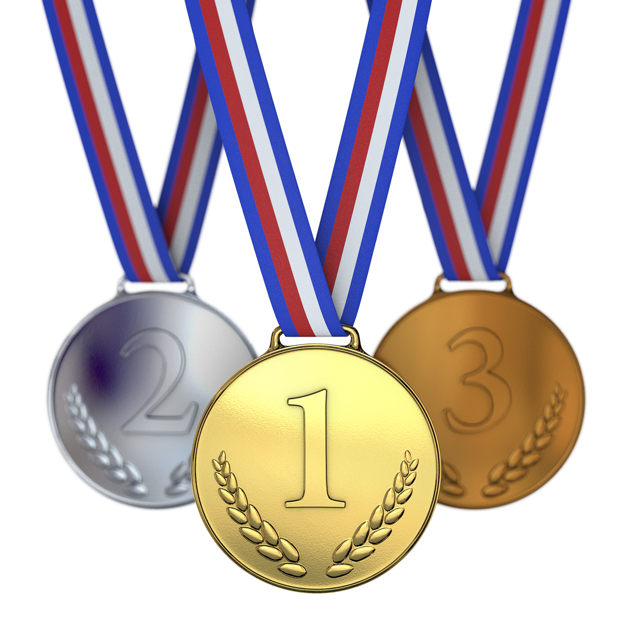 Gold- Silber- und Bronzemedaille an blau-rot-weißen Bändern