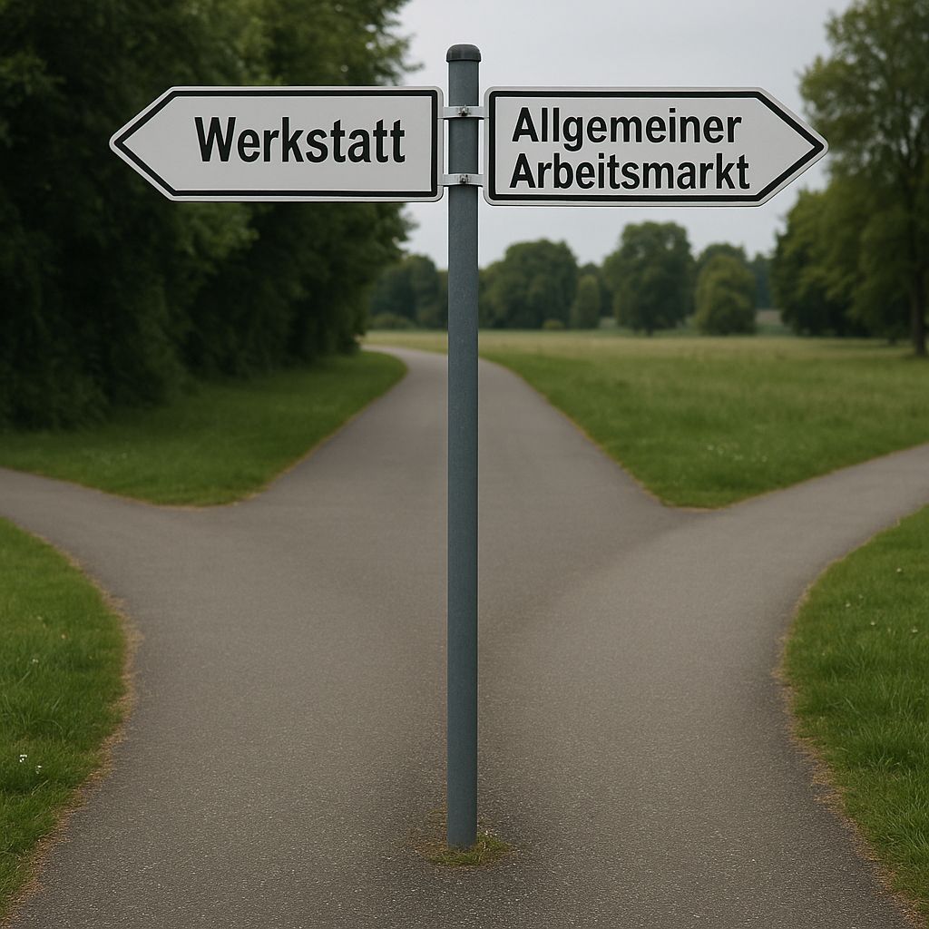 Wegweiser, der in die Werkstatt und auf den Allgemeinen Arbeitsmarkt zeigt